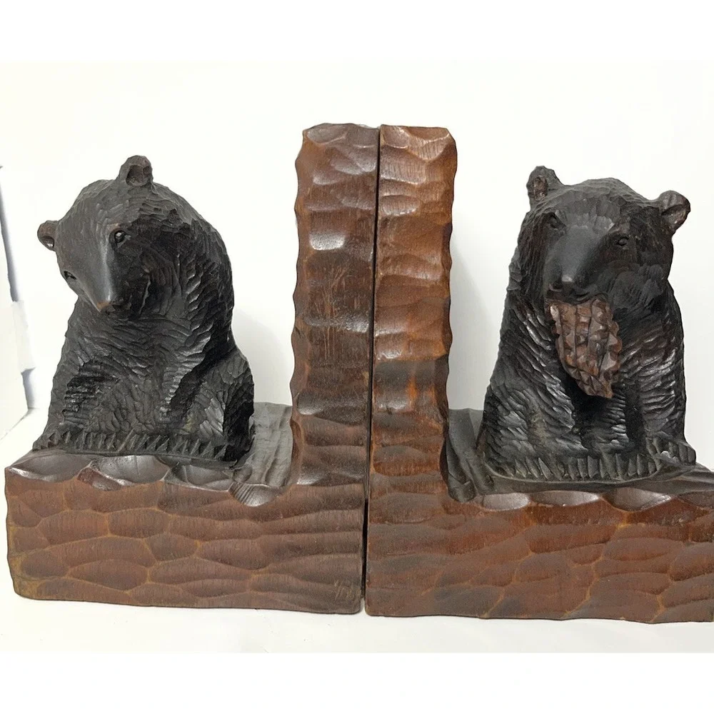 Rare OOAK Hand Carved Lindenwood Bear Bookends Antique Swiss Black Forest Style